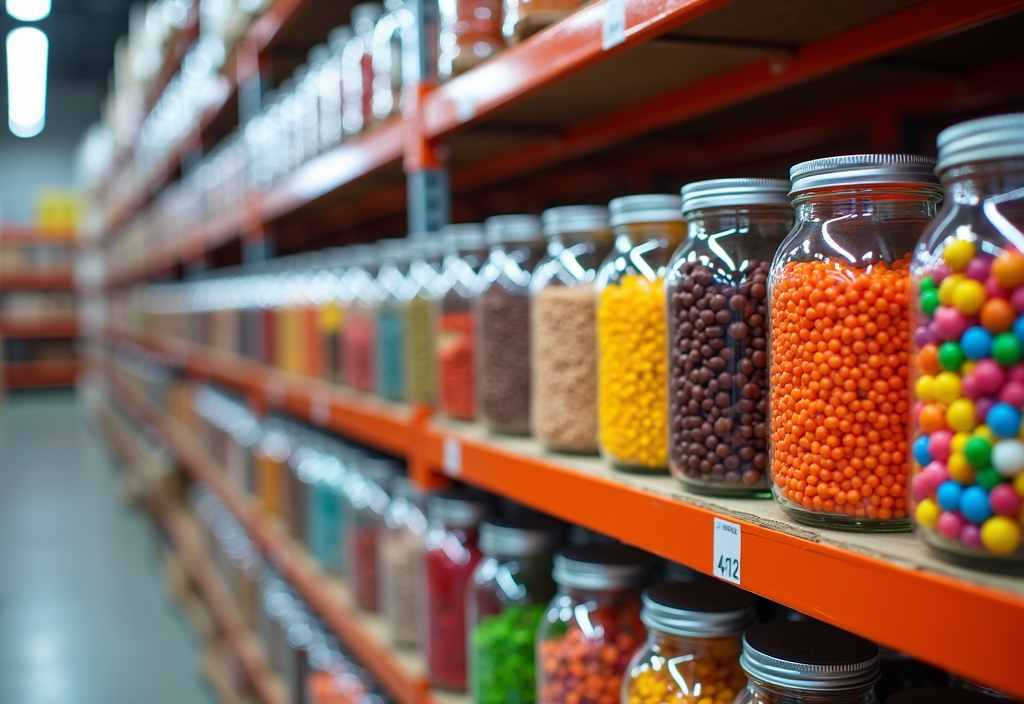 Bulk confectionery on organised shelving